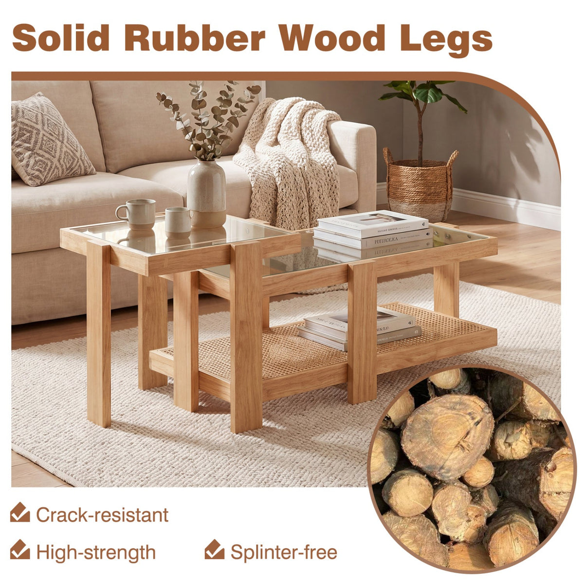 Nesting Coffee Tables Set of 2 with Rattan Shelf - Natural