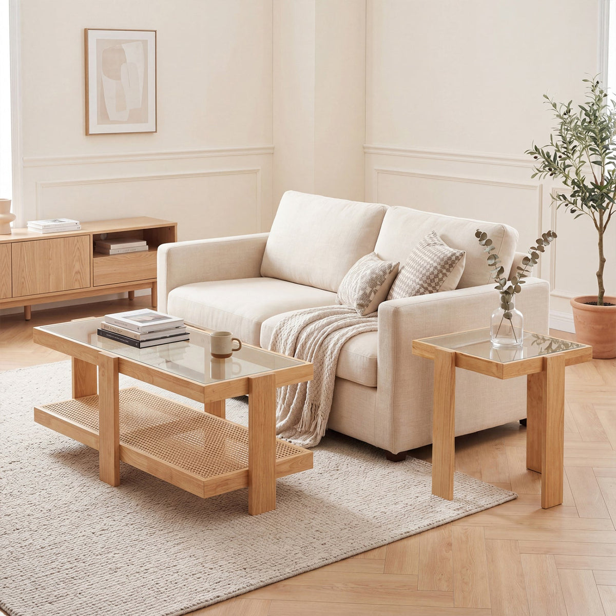Nesting Coffee Tables Set of 2 with Rattan Shelf - Natural