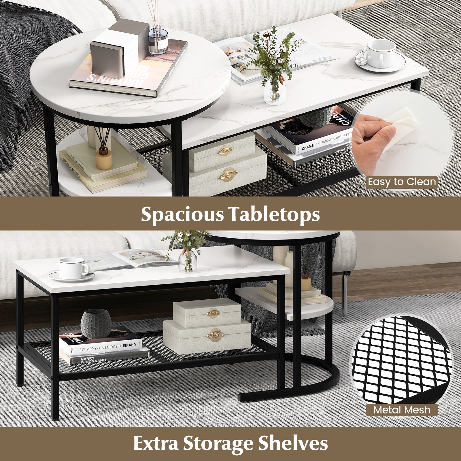 Set of 2 Nesting Coffee Table with Extra Storage Shelf for Living Room-Black