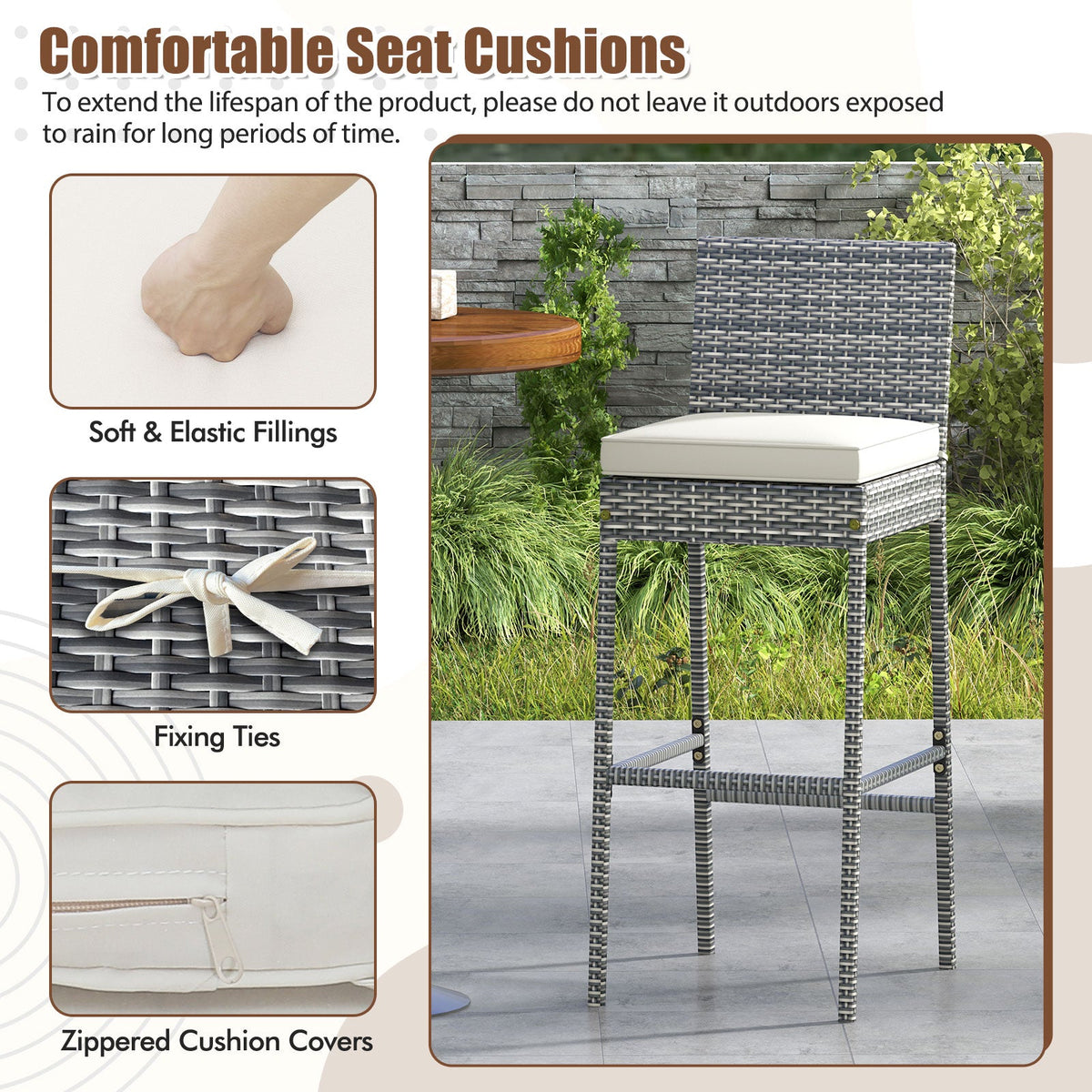 Set of 2/4 Patio Wicker Barstools with Soft Seat Cushion and Cozy Footrest