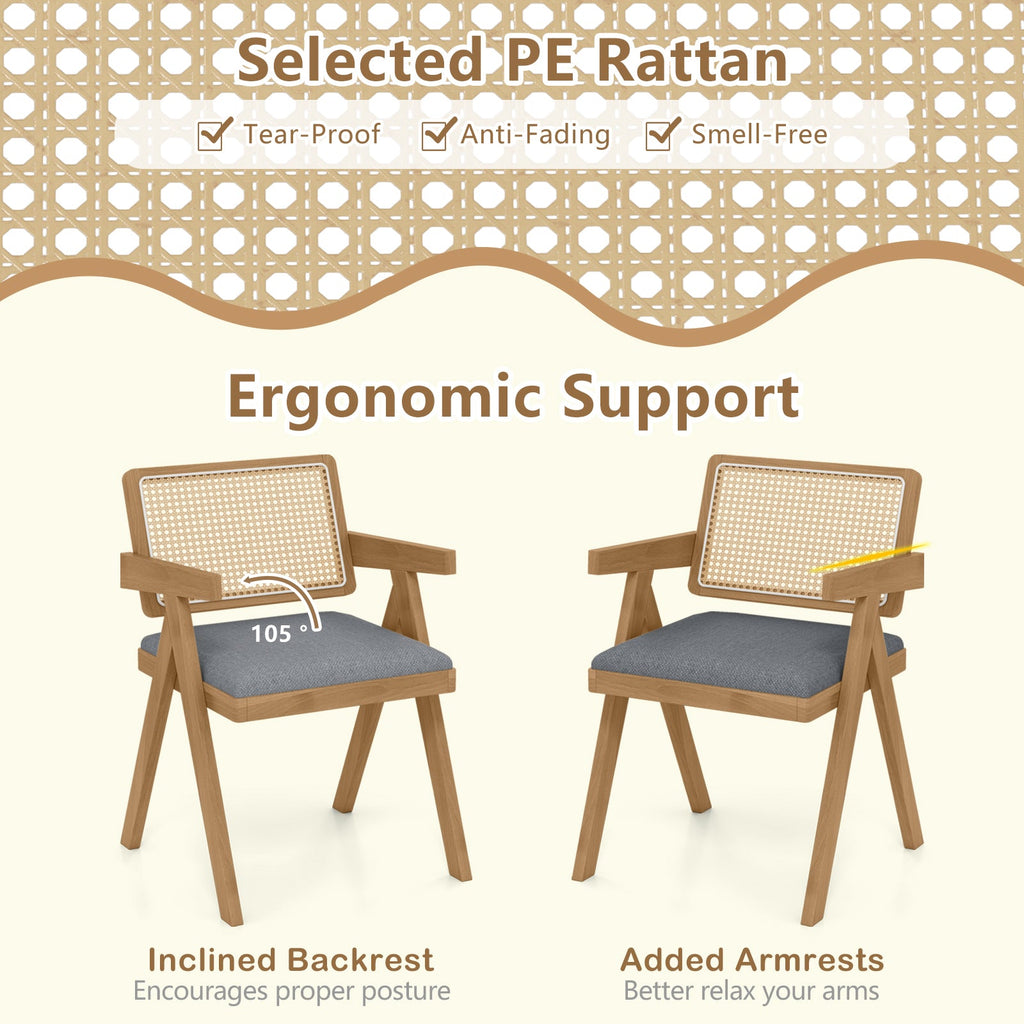Set of 2 Rattan Accent Chairs with Padded Cushion and Rubber Wood Frame