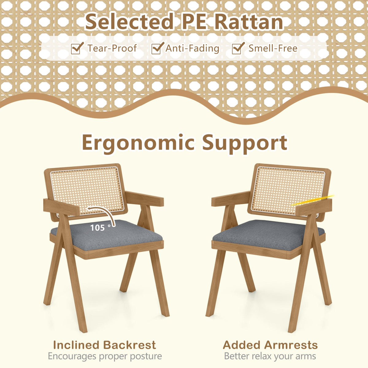 Set of 2 Rattan Accent Chairs with Padded Cushion and Rubber Wood Frame