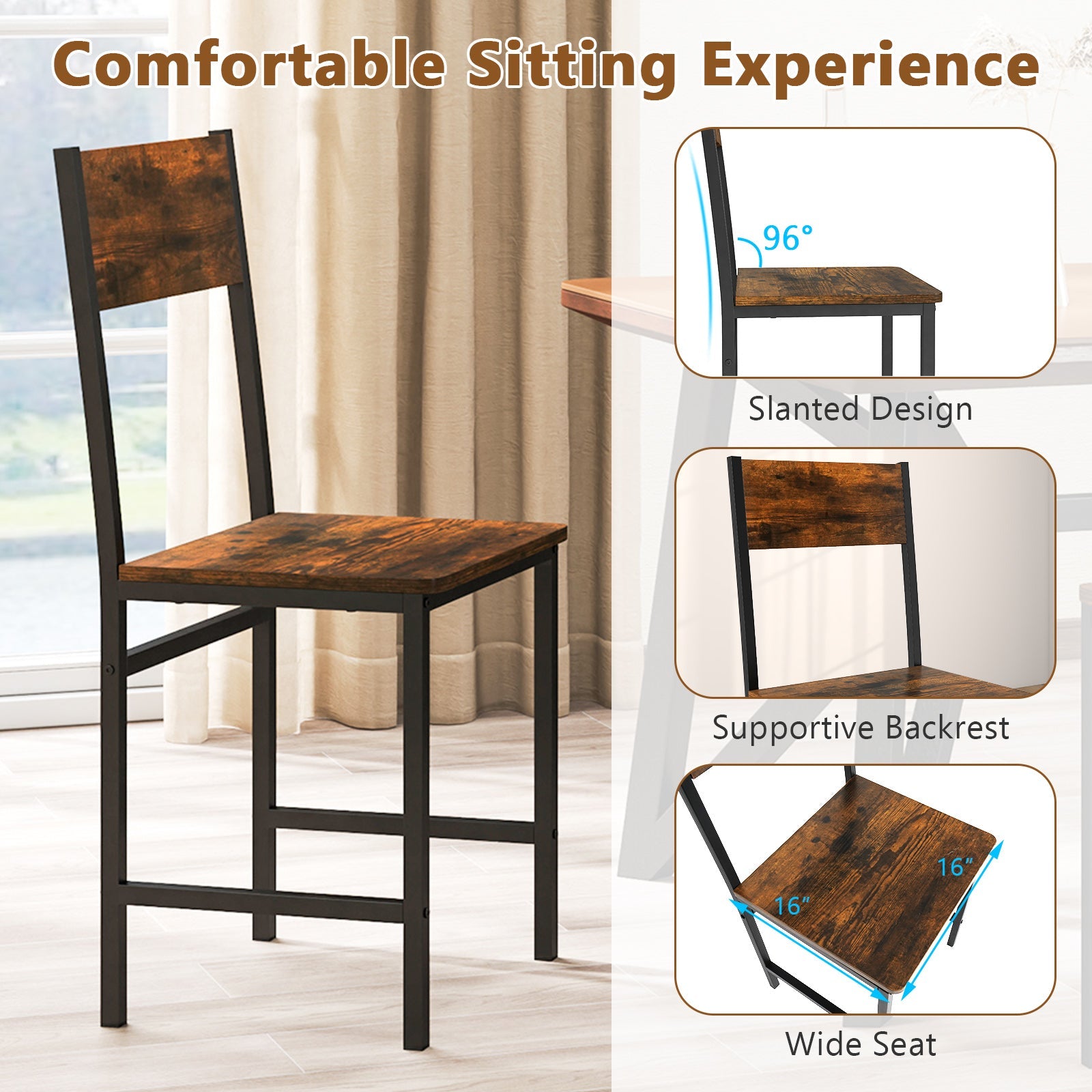 Set of 4 Dining Chairs with Metal Legs and Slanted Back