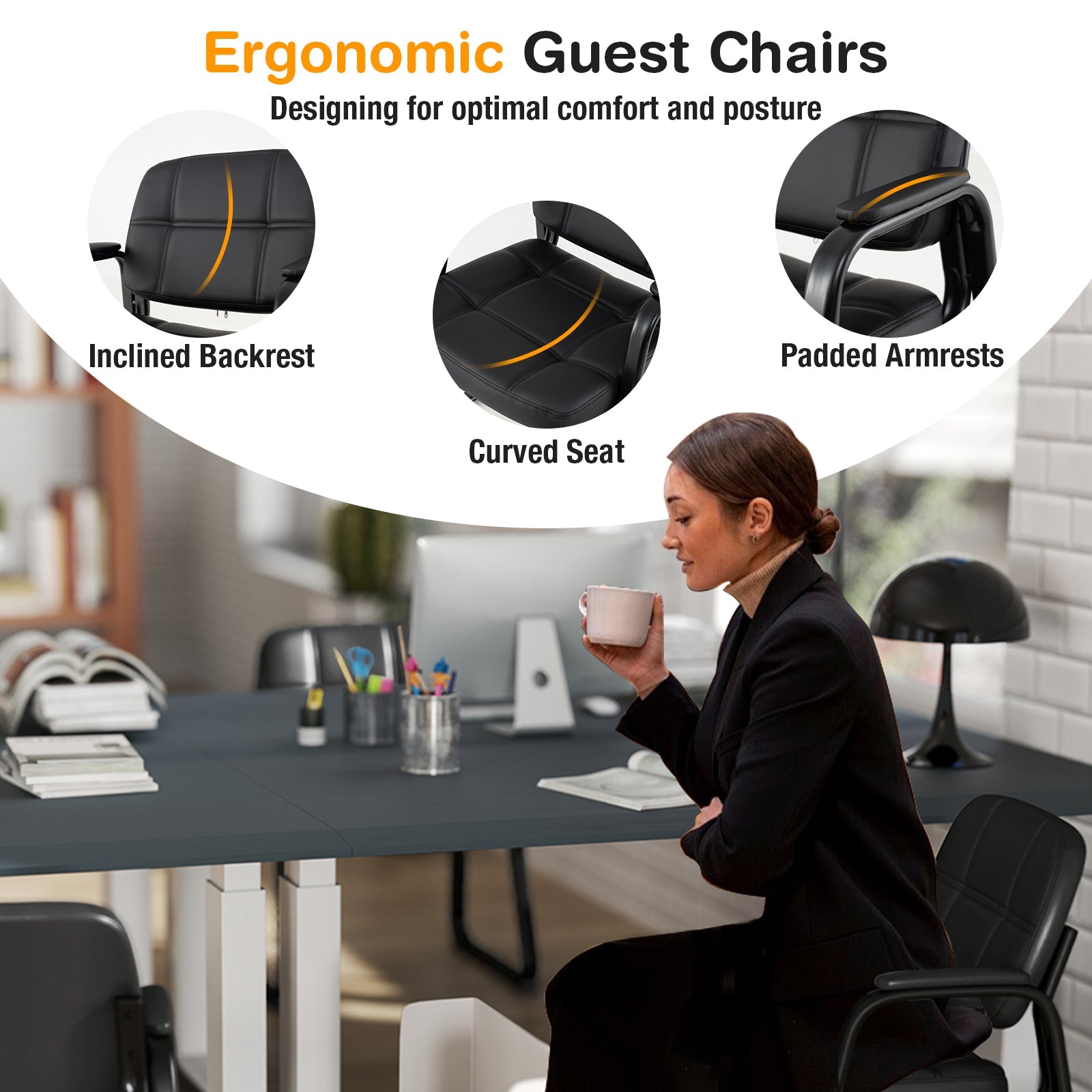 Set of 4 Upholstered Waiting Room Chair with Armrest and Ergonomic Backrest-Black