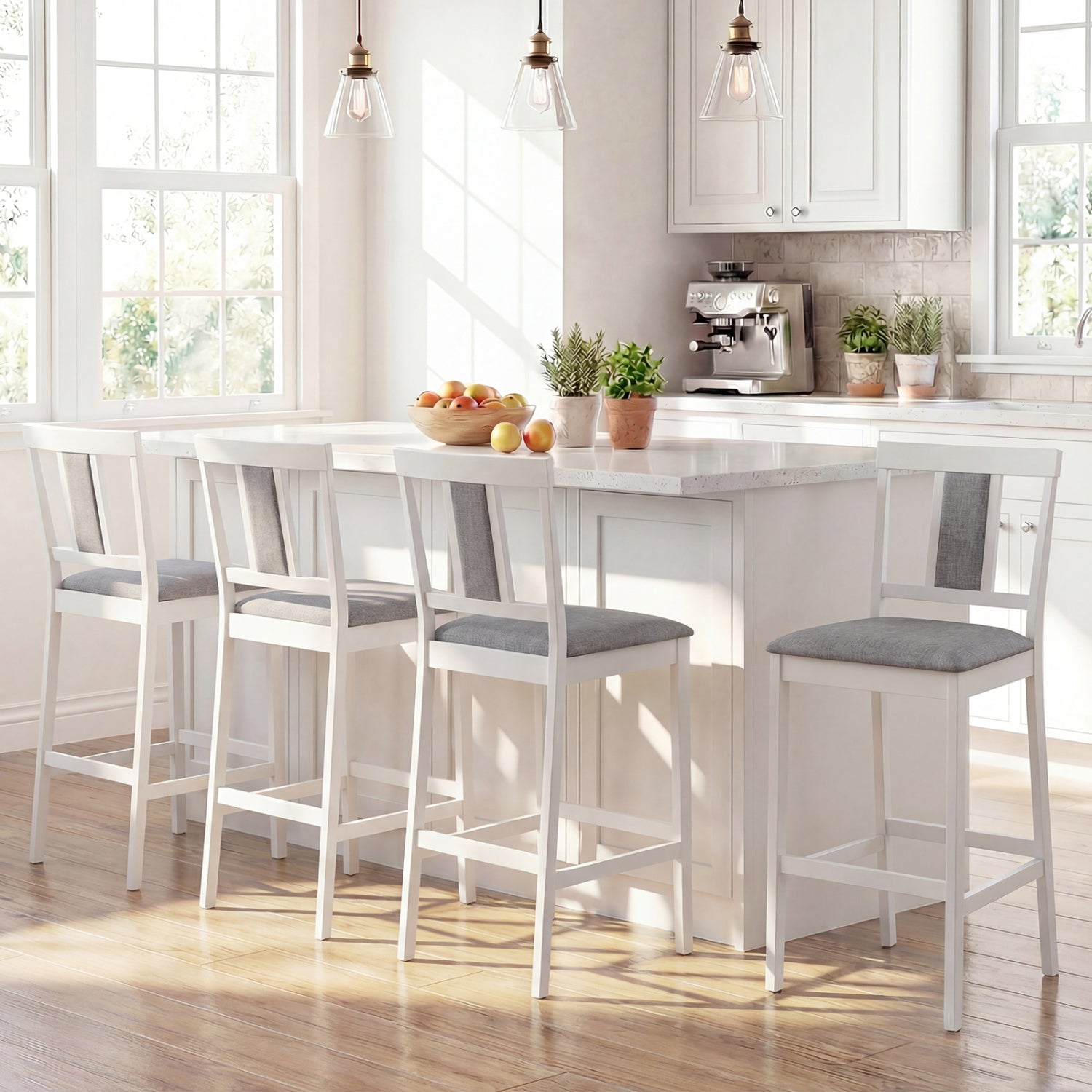 Set of 4 Upholstered Barstool 29.5 Inch Bar Height with Solid Rubber Wood Frame