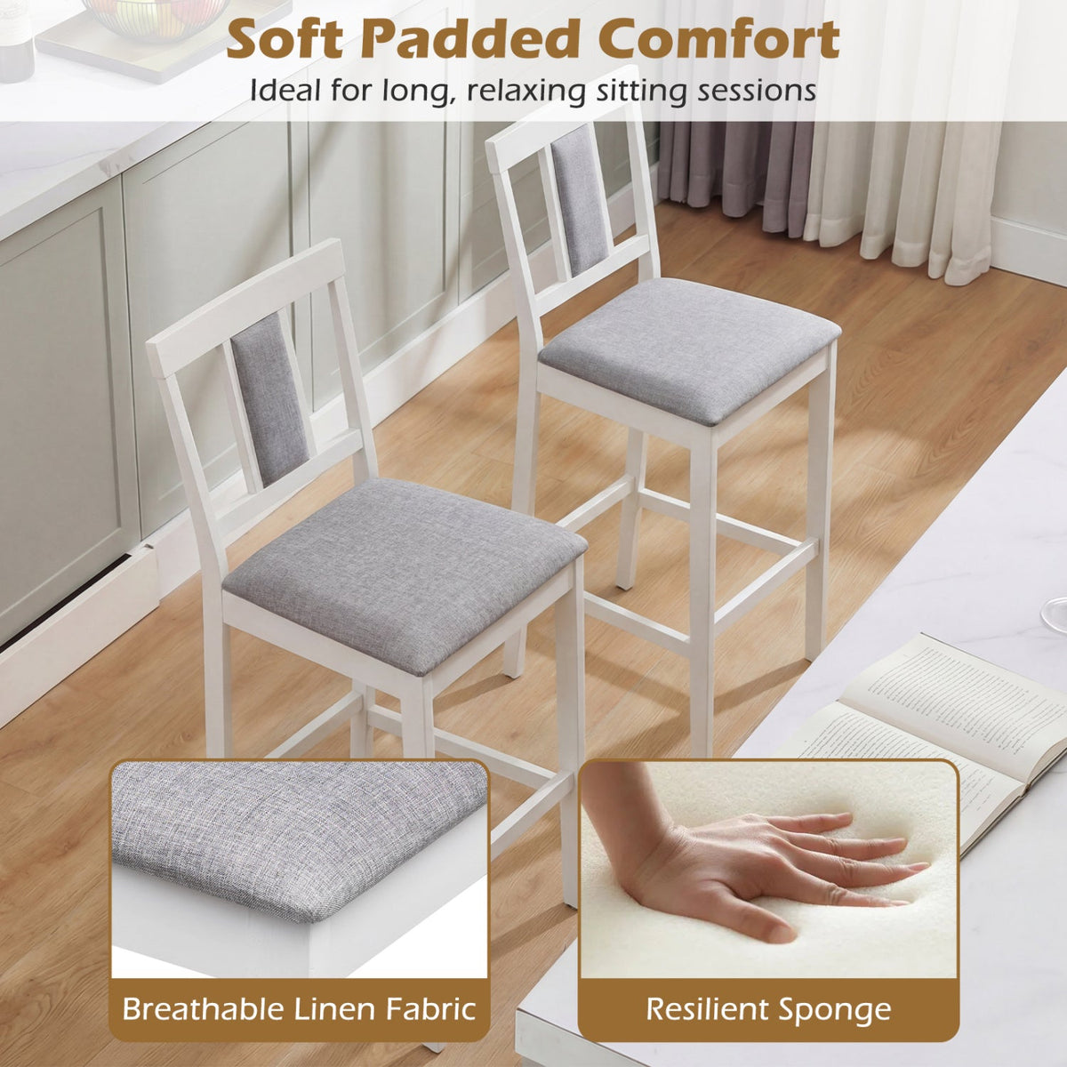 Set of 4 Upholstered Barstool 29.5 Inch Bar Height with Solid Rubber Wood Frame