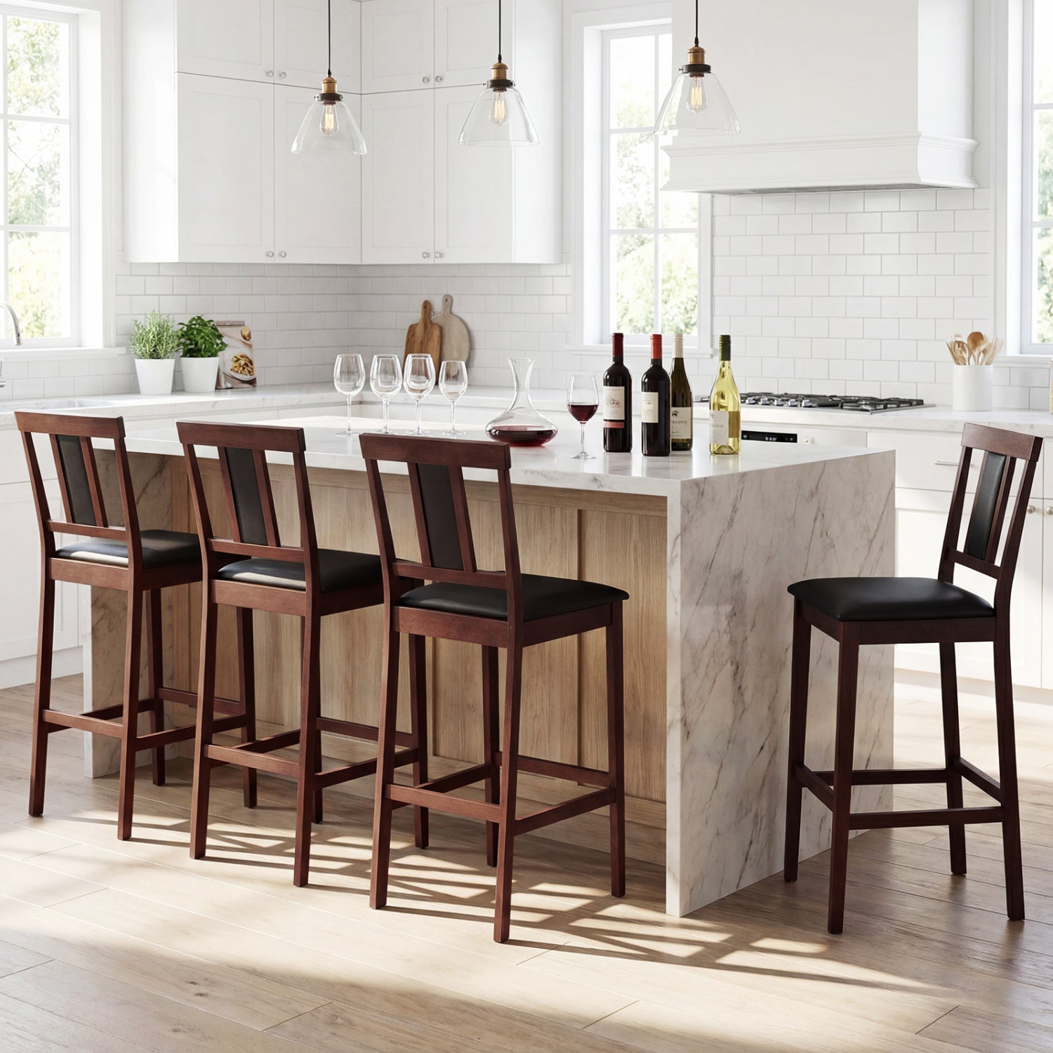 Set of 4 Upholstered Barstool 29.5 Inch Bar Height with Solid Rubber Wood Frame