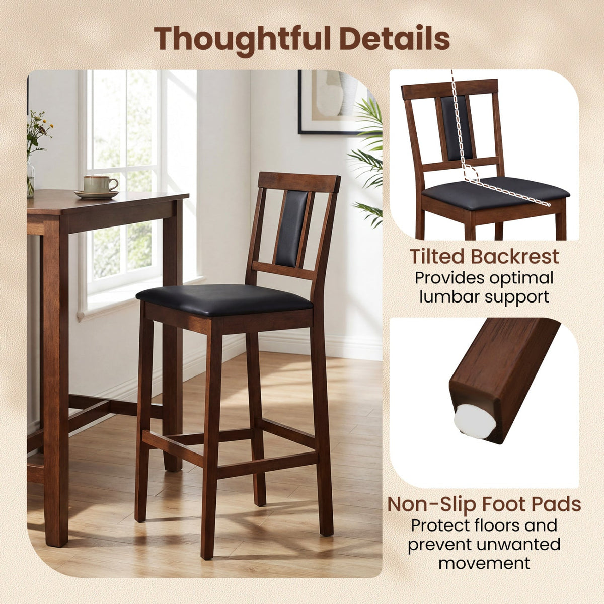 Set of 4 Upholstered Barstool 29.5 Inch Bar Height with Solid Rubber Wood Frame