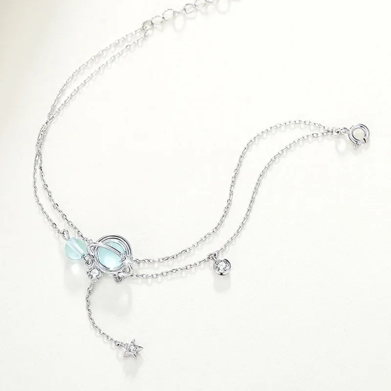 925 Sterling Silver Aquamarine Bracelet | Elegant Double Charm Bracelet for Women