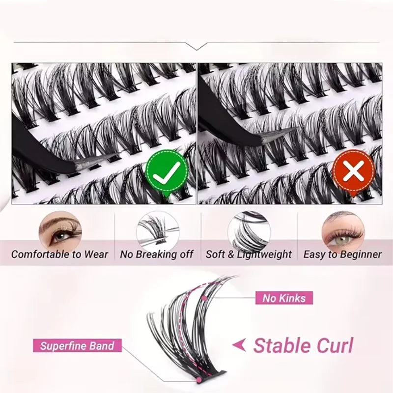 DIY D Curl False Lash Cluster Set 200Pcs with Bond & Tweezers Daily Casual Evening Cosplay Quick Eye Cosmetics