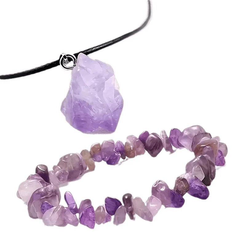 3Pcs Natural Amethyst Jewelry Set Irregular Chip Bracelet Raw Crystal Pendant Hexagonal Point Necklace Healing Spiritual Gift