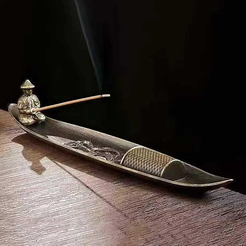Fishing Old Man Boat Incense Burner | Metal Sandalwood Incense Holder for Home