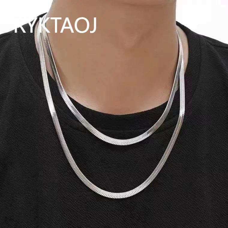 925 Sterling Silver Flat Herringbone Necklace Thin Shiny Snake Chain Minimalist Dainty Blade‑Shape Neck Jewelry Gift for Women