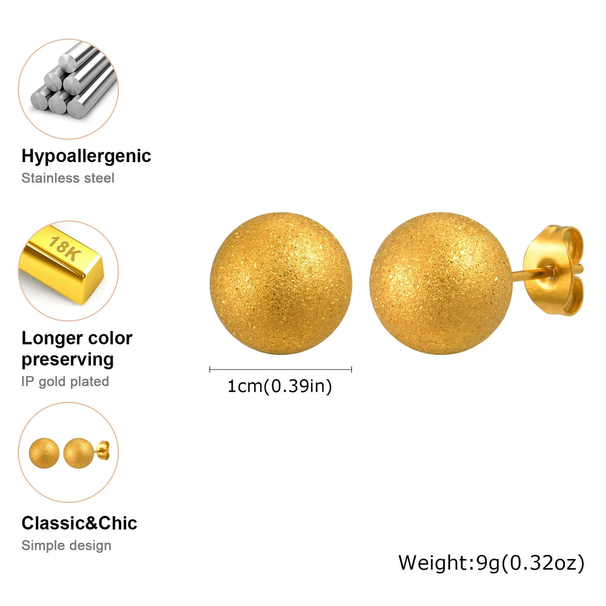 Gold Plated Stainless Steel Stud Earrings Set | 10mm 8mm 6mm Round Ball Earrings for Women