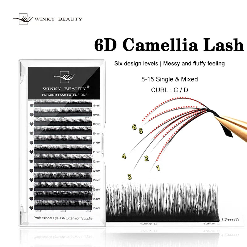 Winky Beauty 6D Wild Eyelashes Double-layer Camellia Eyelash Extensions, Premade Volume Fans Wispy 0.07 C/D Individual Lash
