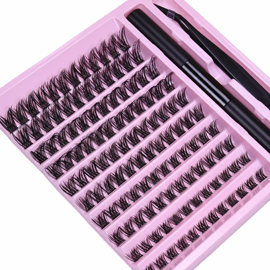 DIY Eyelash Extension Kit Lash Clusters D Curl with Bond and Seal Lash Tweezers Individual Lashes for Beginners Home Use