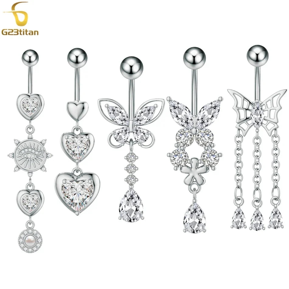 14G Crystal Heart Butterfly Dangle Belly Button Rings CZ Zircon Drop Navel Barbell Belly Rings Body Piercing Jewelry for Women