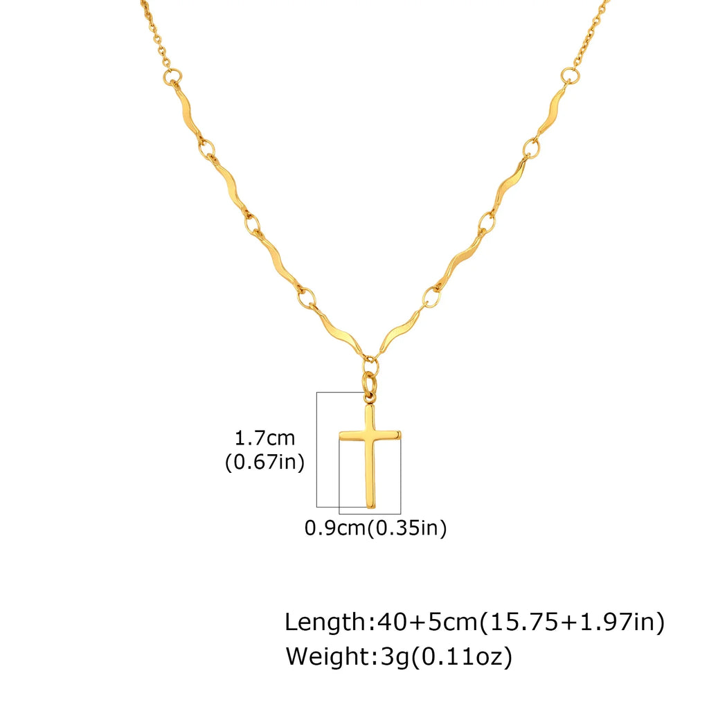 Minimalist Stainless Steel Cross Pendant Necklace, Non-fading Gold Plated Wave Chain Charm Necklace, Exquisite Jewelry for Women