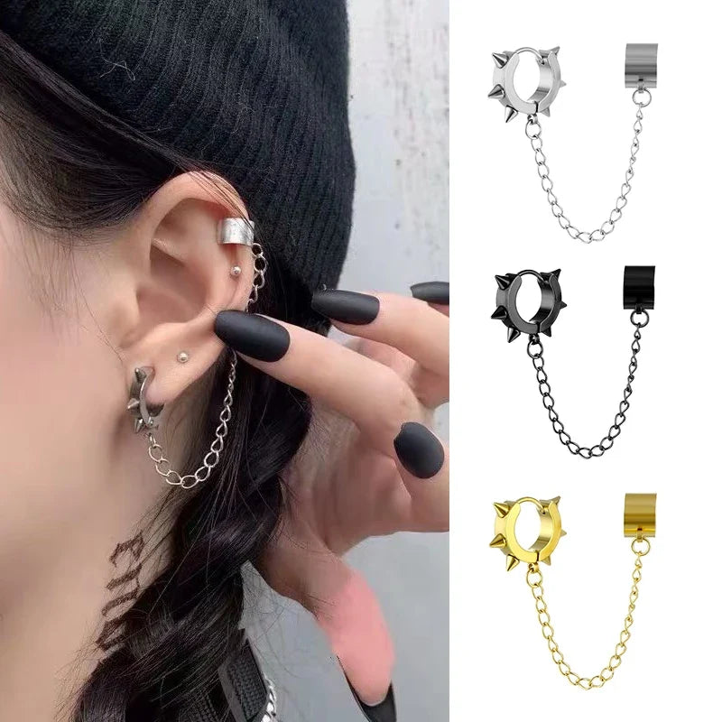 Cross Tassel Clip Earrings | Unisex Punk Hoop Earrings with Chain