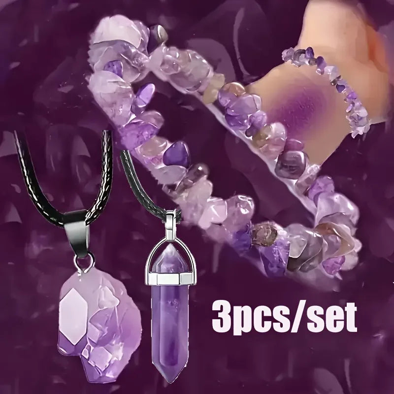 3Pcs Natural Amethyst Jewelry Set Irregular Chip Bracelet Raw Crystal Pendant Hexagonal Point Necklace Healing Spiritual Gift