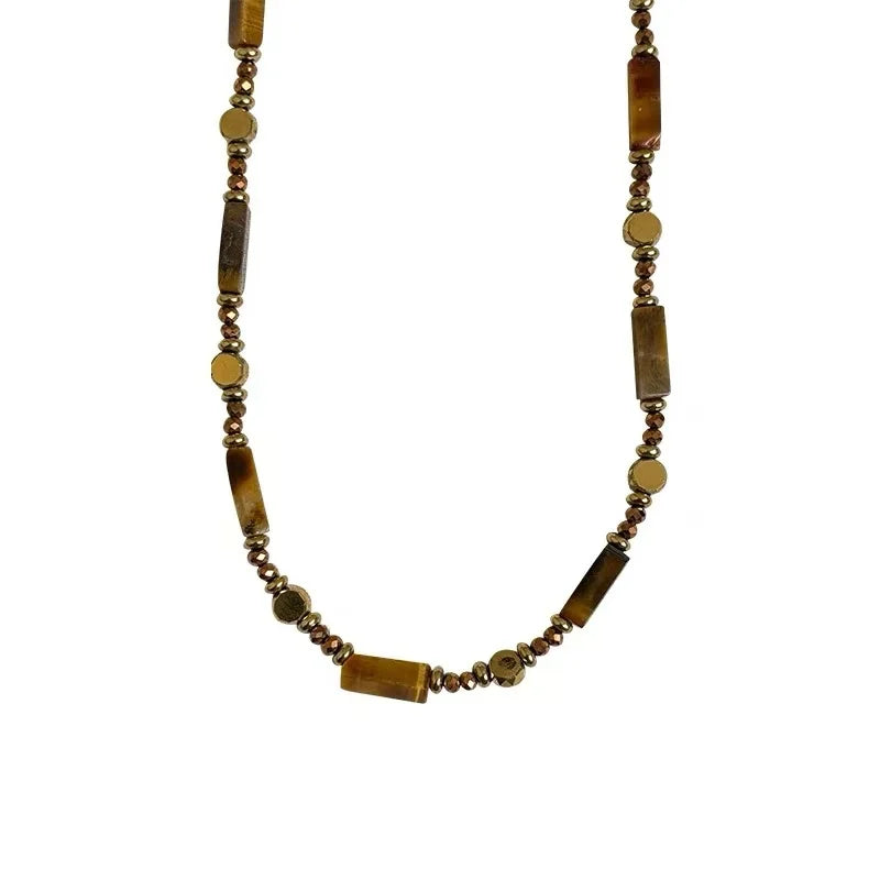 Retro Temperament Layered Tiger Eye Stone Pendant Necklace For Women Stainless Steel Double-Layer Collarbone Chain Sets Jewelry