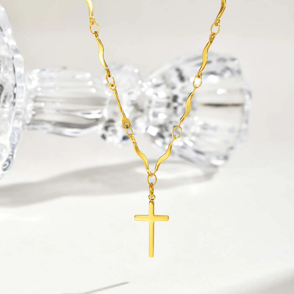 Minimalist Stainless Steel Cross Pendant Necklace, Non-fading Gold Plated Wave Chain Charm Necklace, Exquisite Jewelry for Women