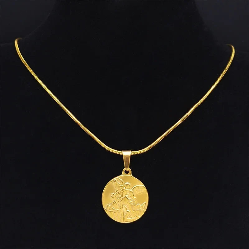 SAINT MICHAEL PROTECT US Archangel Stainless Steel Necklaces Chain Men/Women Gold Color Choker Necklace Jewelry Joyas NHH32