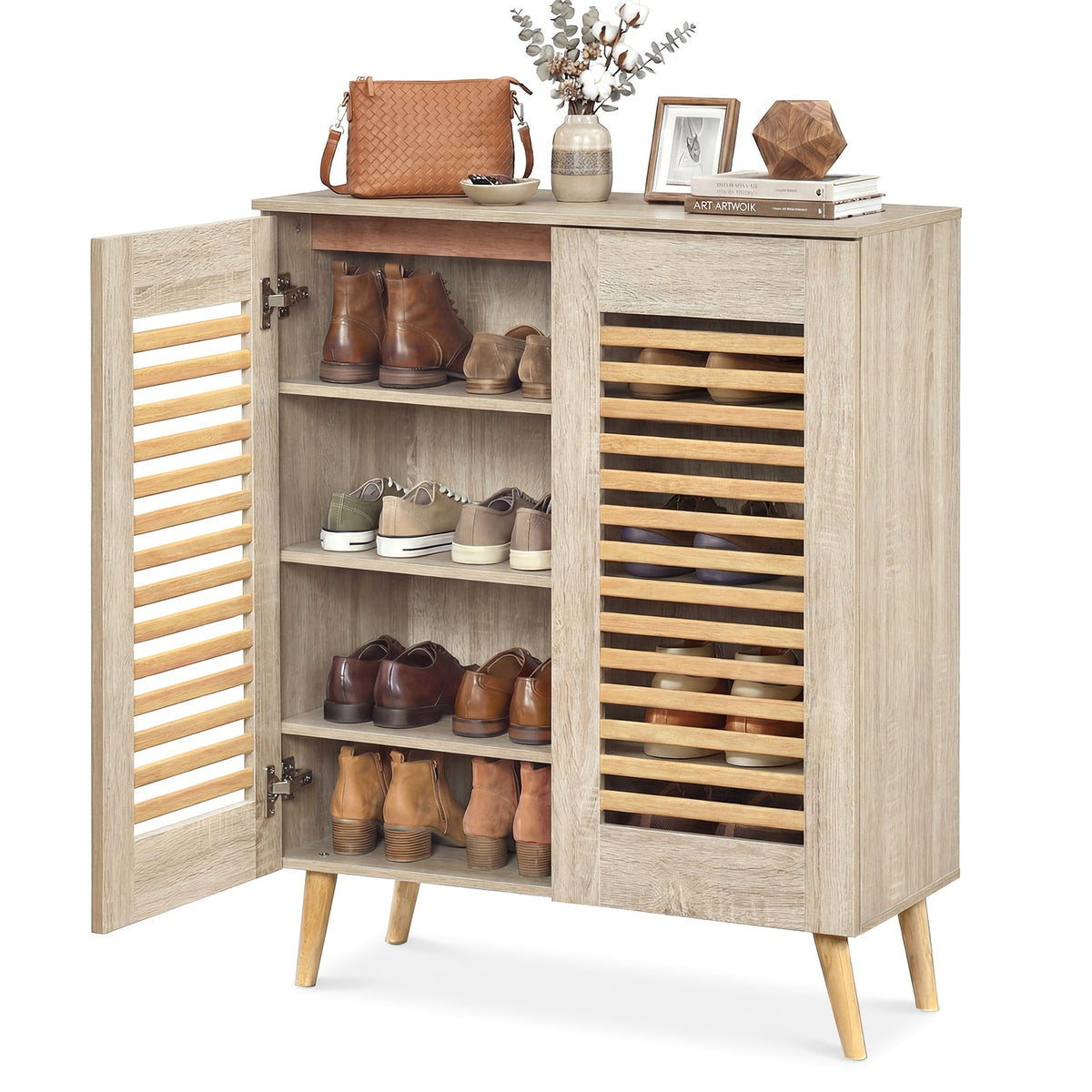 Shoe Cabinet with Louvered Doors and Removable Shelves