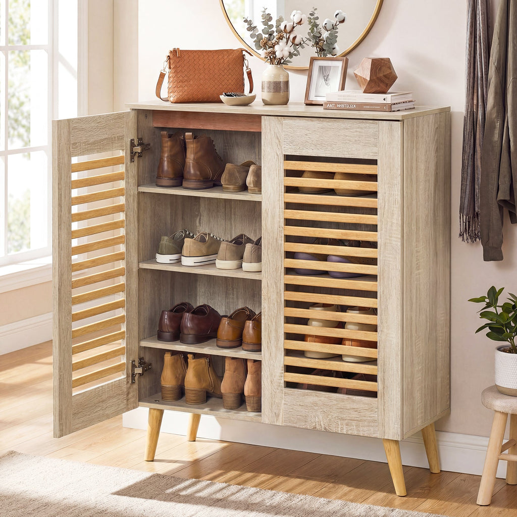 Shoe Cabinet with Louvered Doors and Removable Shelves