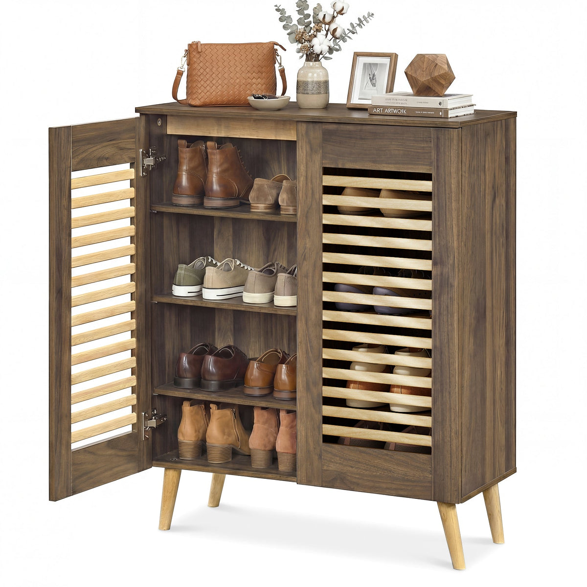 Shoe Cabinet with Louvered Doors and Removable Shelves