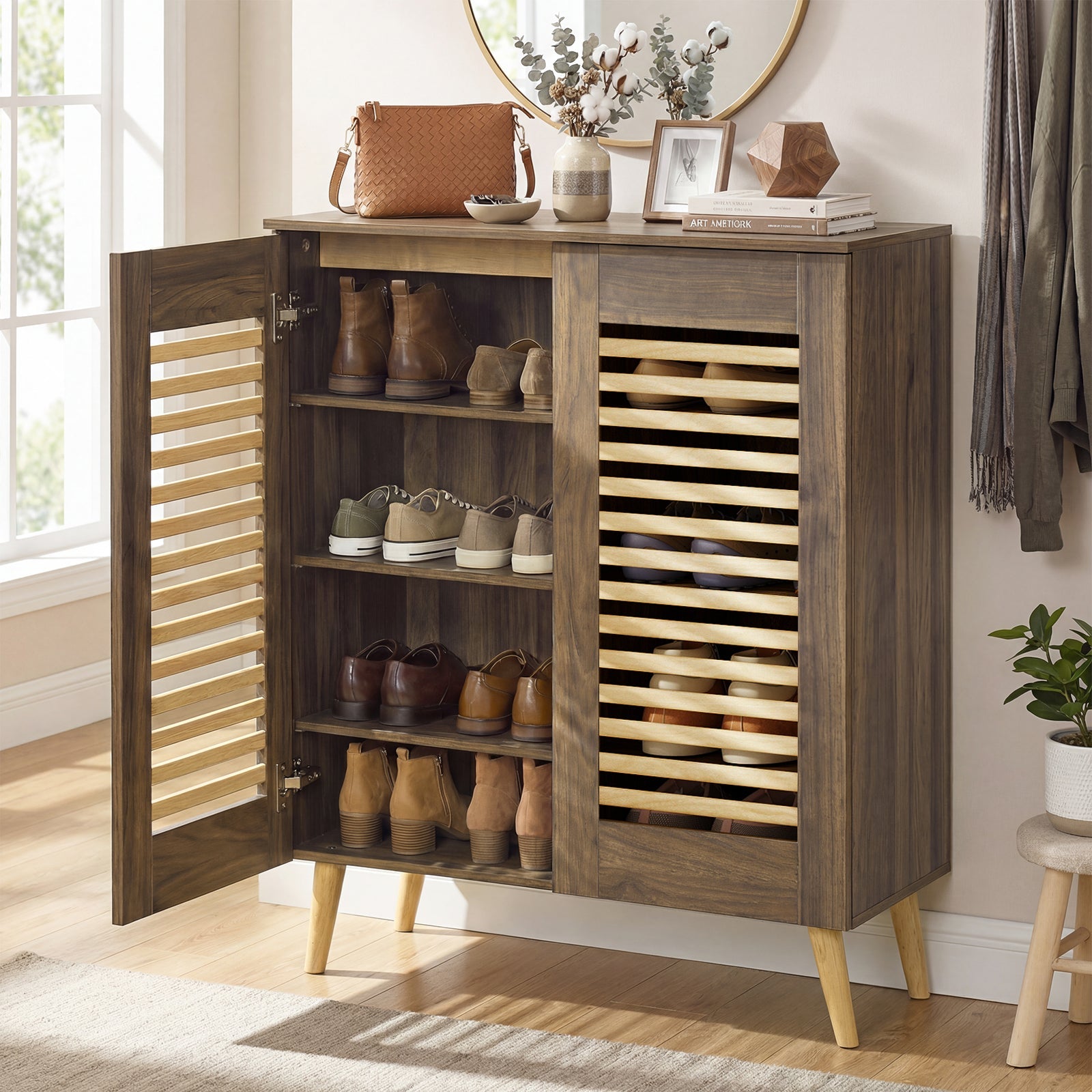 Shoe Cabinet with Louvered Doors and Removable Shelves