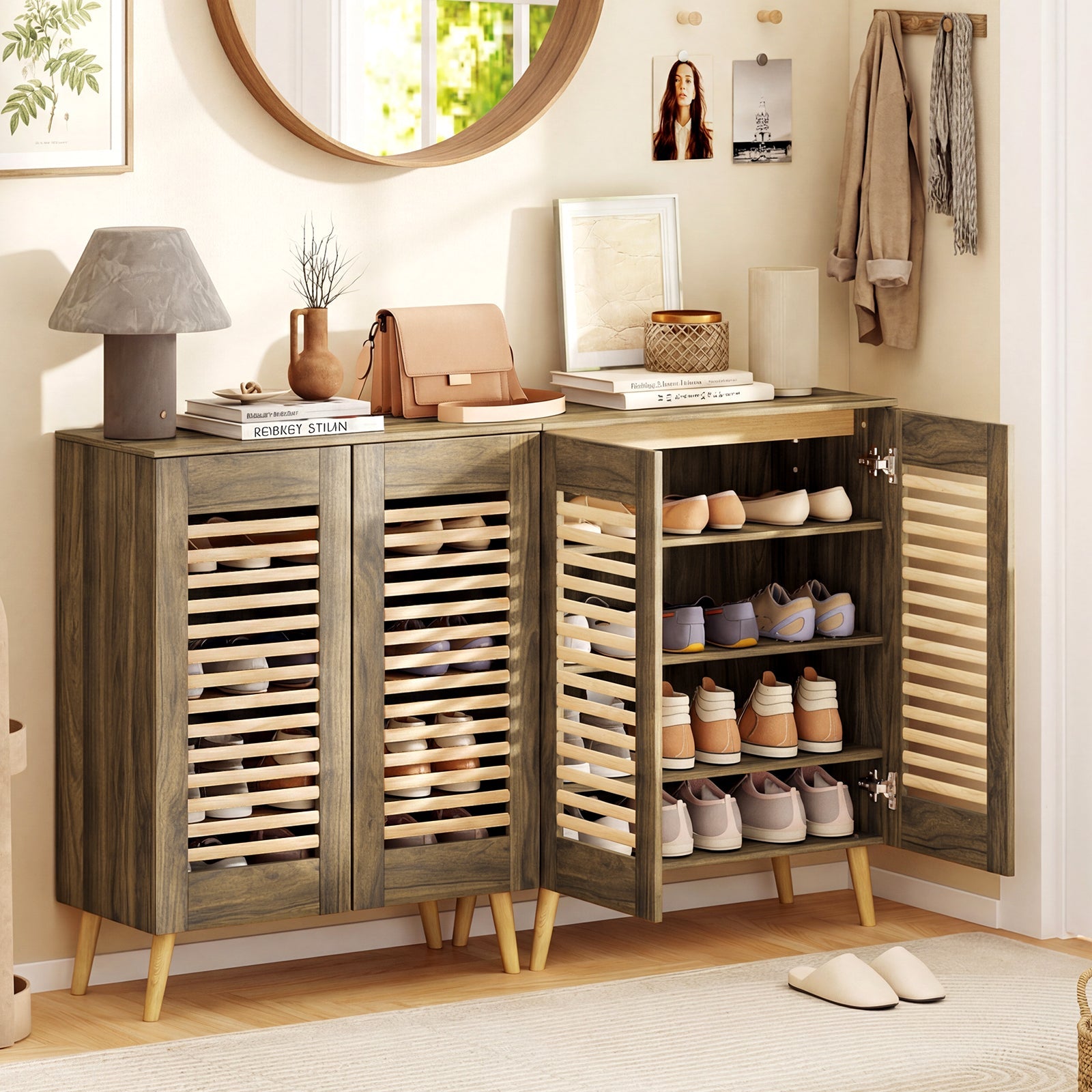 Shoe Cabinet with Louvered Doors and Removable Shelves