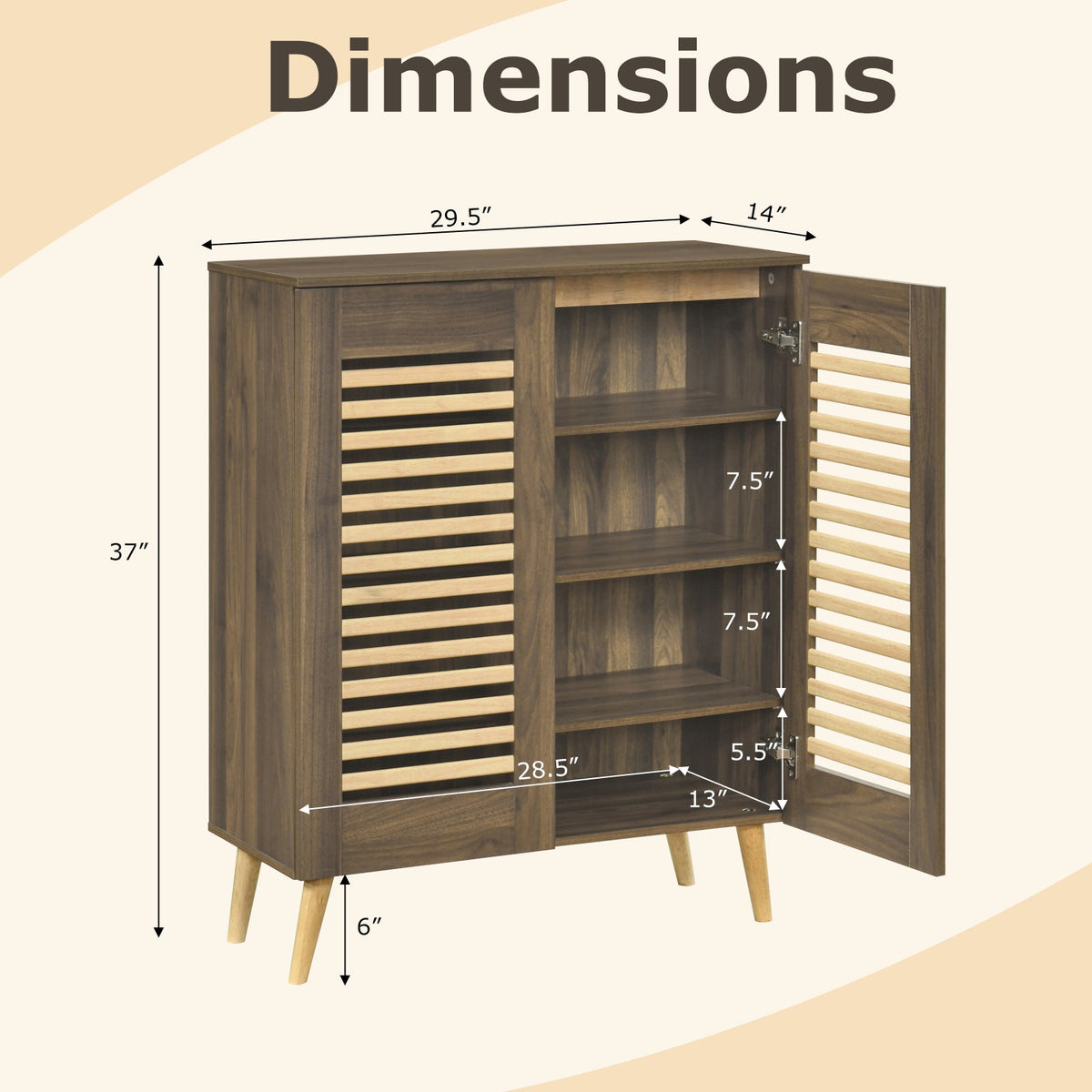 Shoe Cabinet with Louvered Doors and Removable Shelves