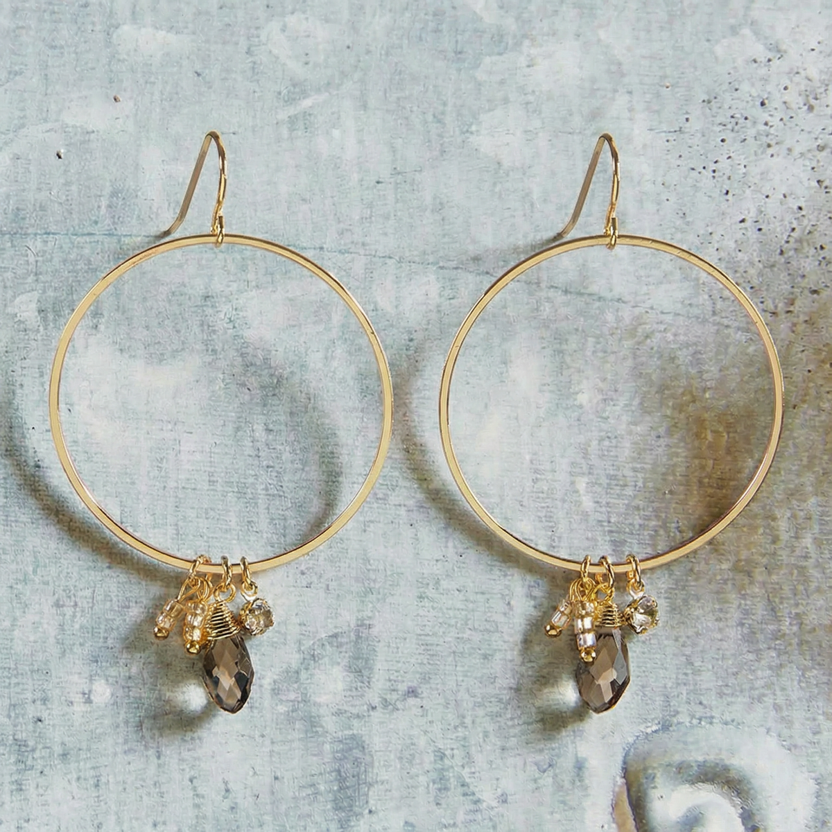 Silver Smoke Dangle Hoops Earrings in Gold | Glass Crystal Gemstones
