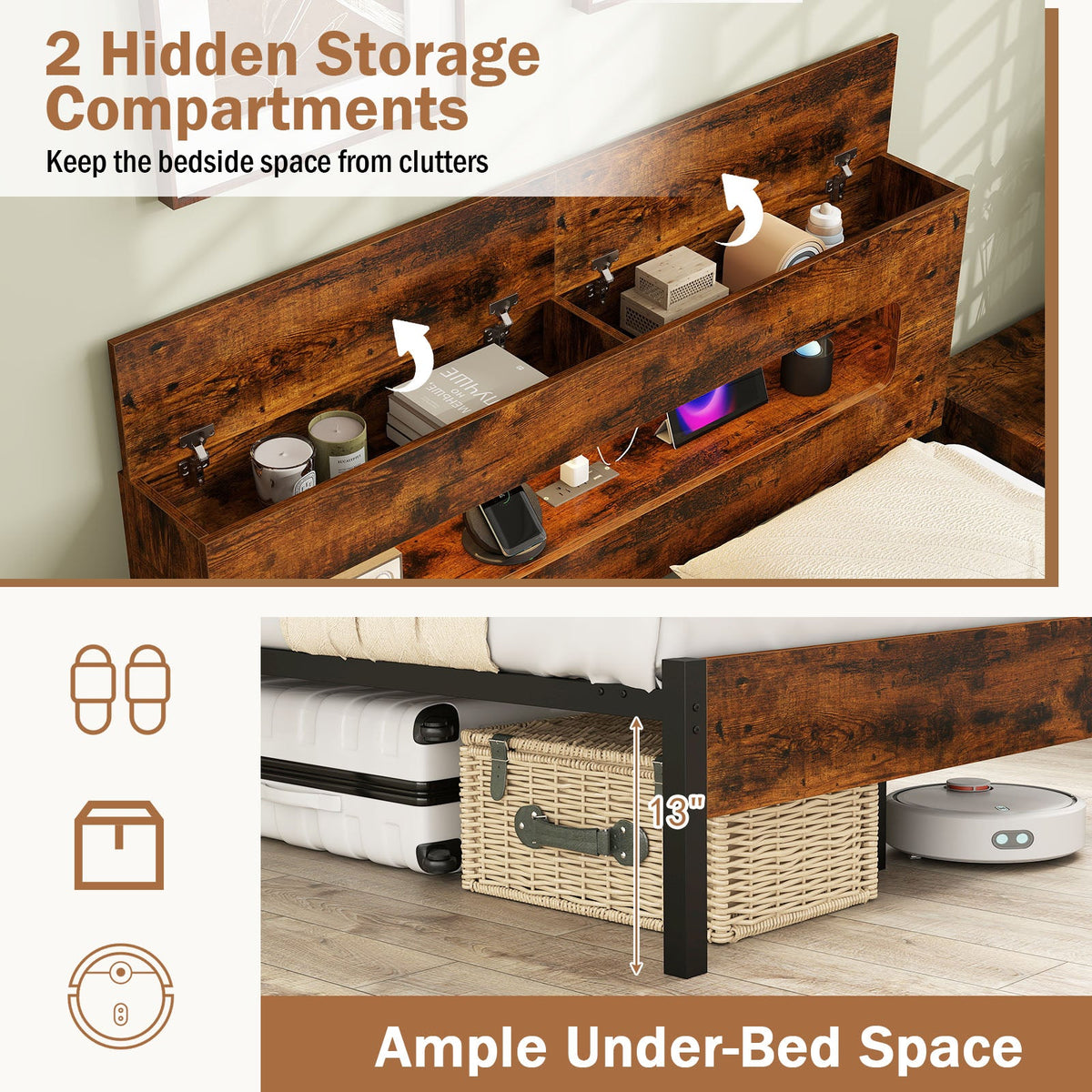 Slatted Full Bed Frame with LED Lights and Storage Headboard No Box Spring Needed-Full Size
