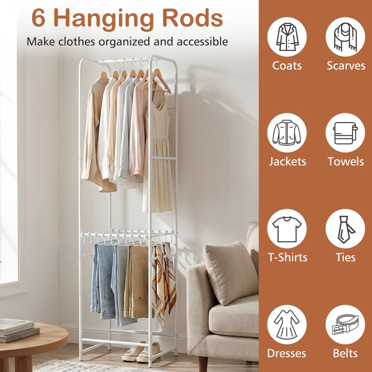 Slim Coat Rack Freestanding Garment Organizer with 8 Hanging Rods