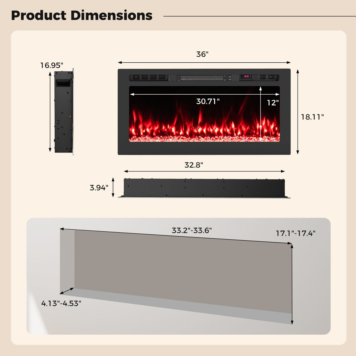 Smart WiFi Electric Fireplace Wall Mounted & Recessed 750W/1500W Heater