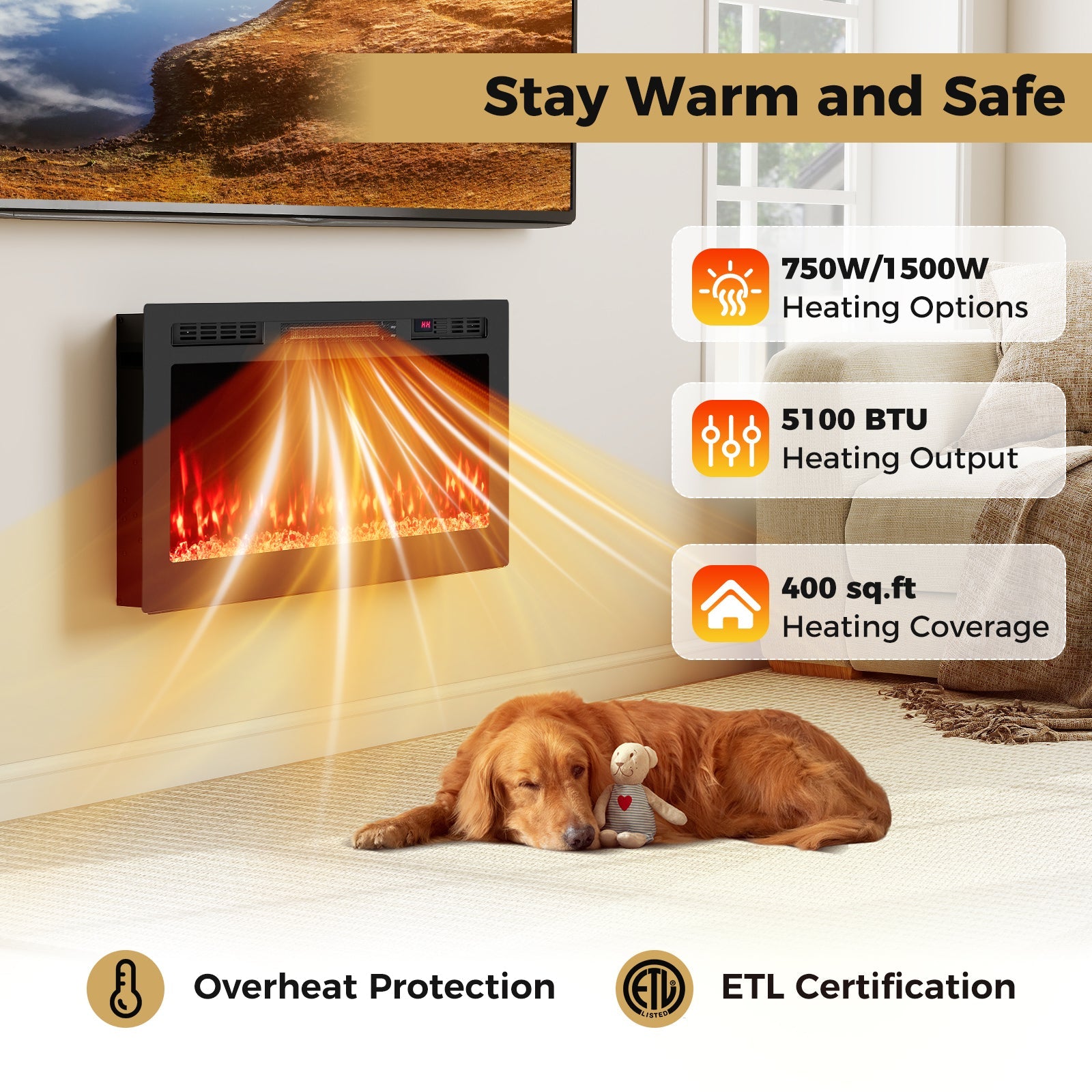 Smart WiFi Electric Fireplace Wall Mounted & Recessed 750W/1500W Heater