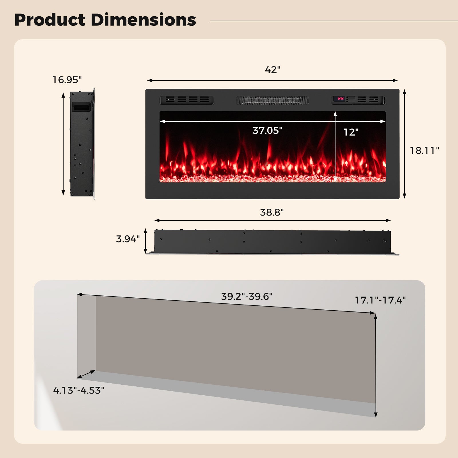 Smart WiFi Electric Fireplace Wall Mounted & Recessed 750W/1500W Heater