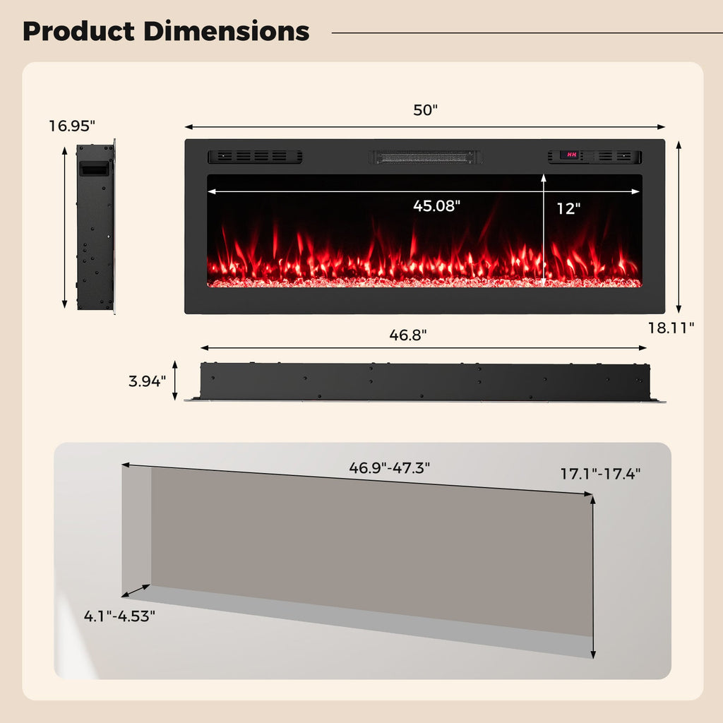 Smart WiFi Electric Fireplace Wall Mounted & Recessed 750W/1500W Heater
