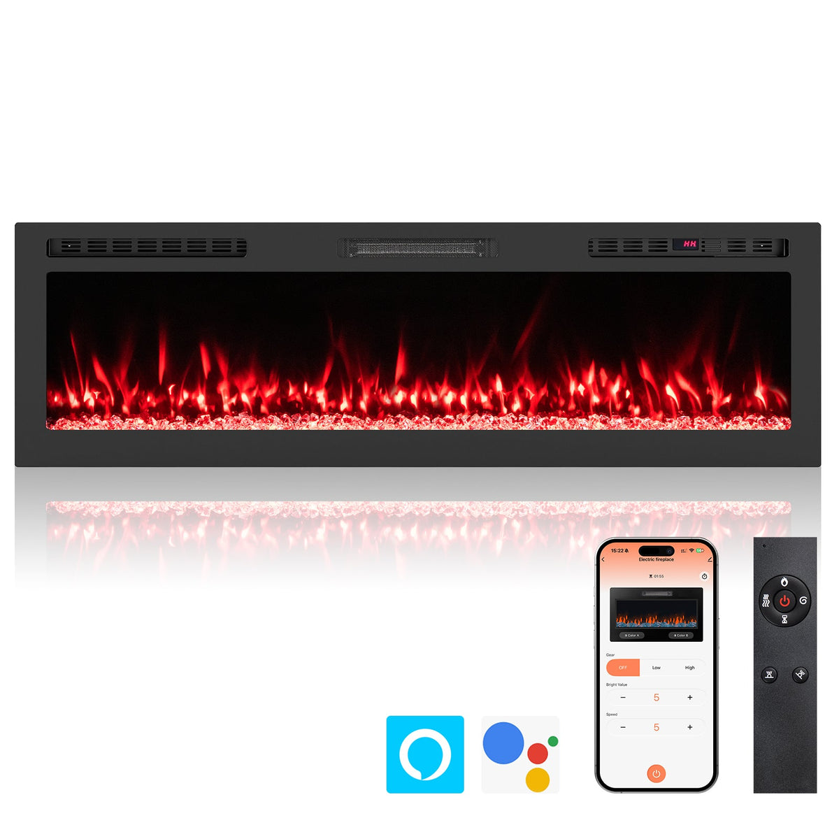 Smart WiFi Electric Fireplace Wall Mounted & Recessed 750W/1500W Heater