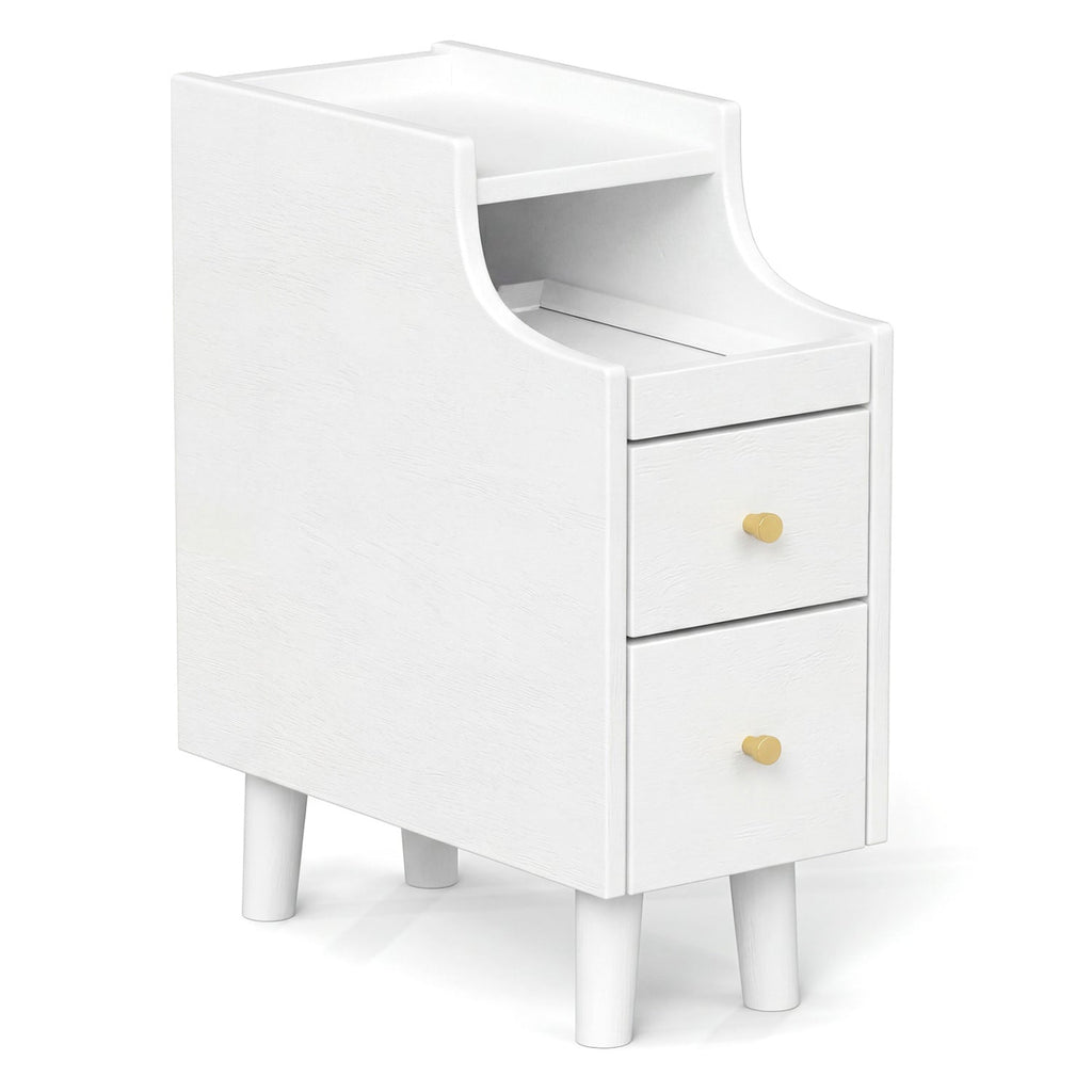 Solid Wood End Table Narrow Bedside Table with Pull-out Tray and 2 Storage Drawers-Brown