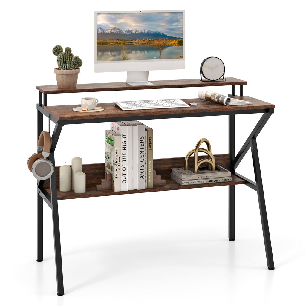 Space Saving Computer Desk with Monitor Stand and Extra Storage Shelf for Work Study