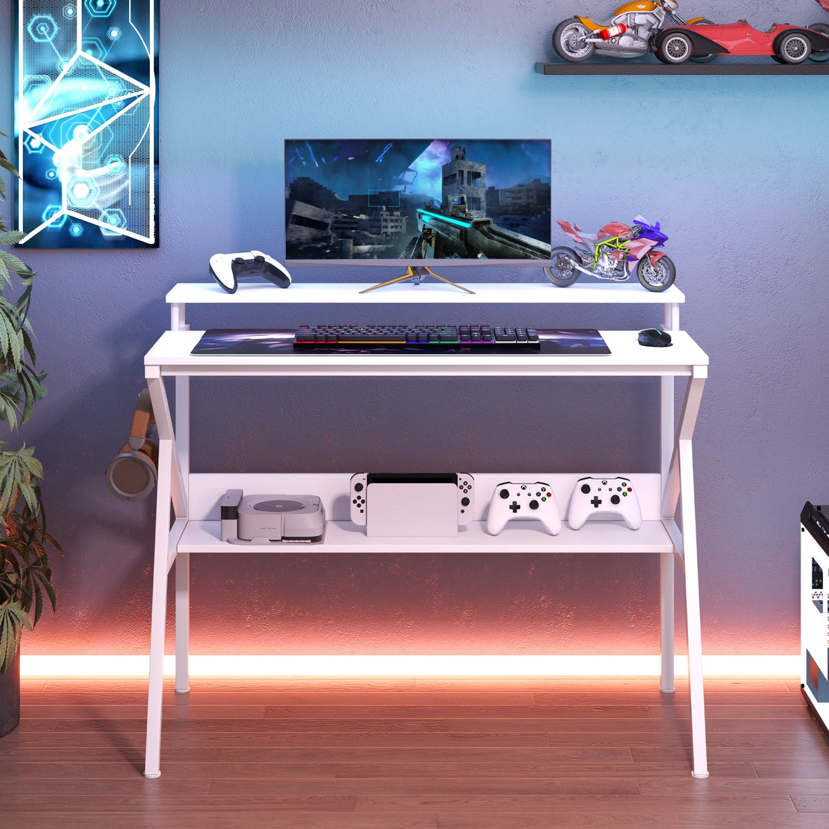 Space Saving Computer Desk with Monitor Stand and Extra Storage Shelf for Work Study