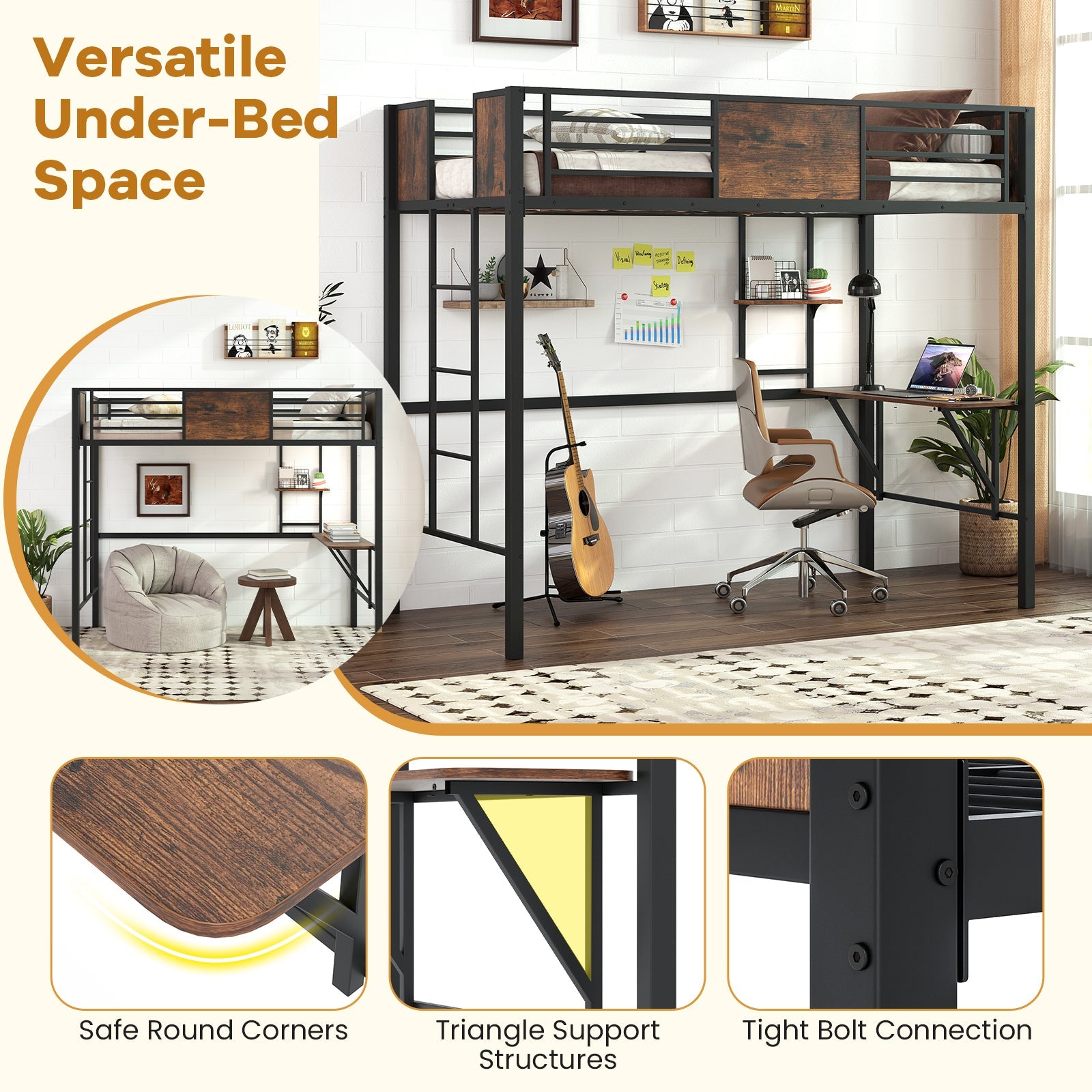 Space-Saving Twin Loft Bed with Safety Guardrail and Ladder-Coffee
