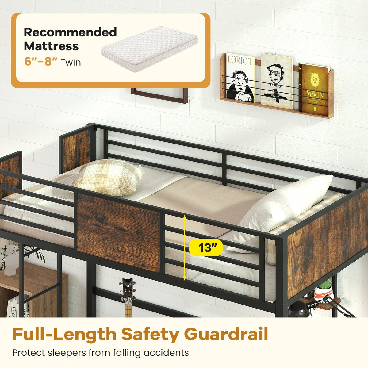 Space-Saving Twin Loft Bed with Safety Guardrail and Ladder-Coffee