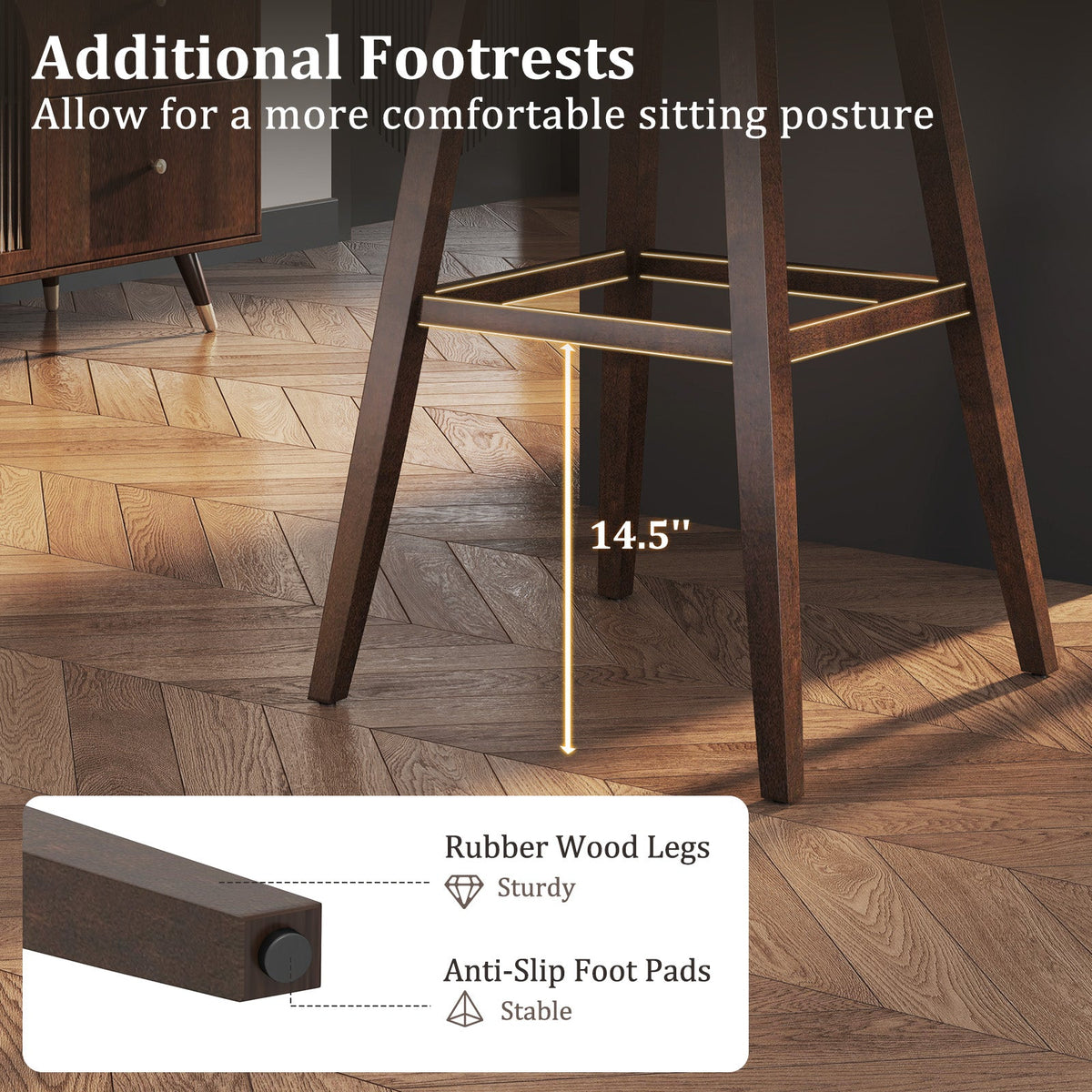 Swivel Bar Stools Set of 2 with Footrest and Rubber Wood Legs-Brown