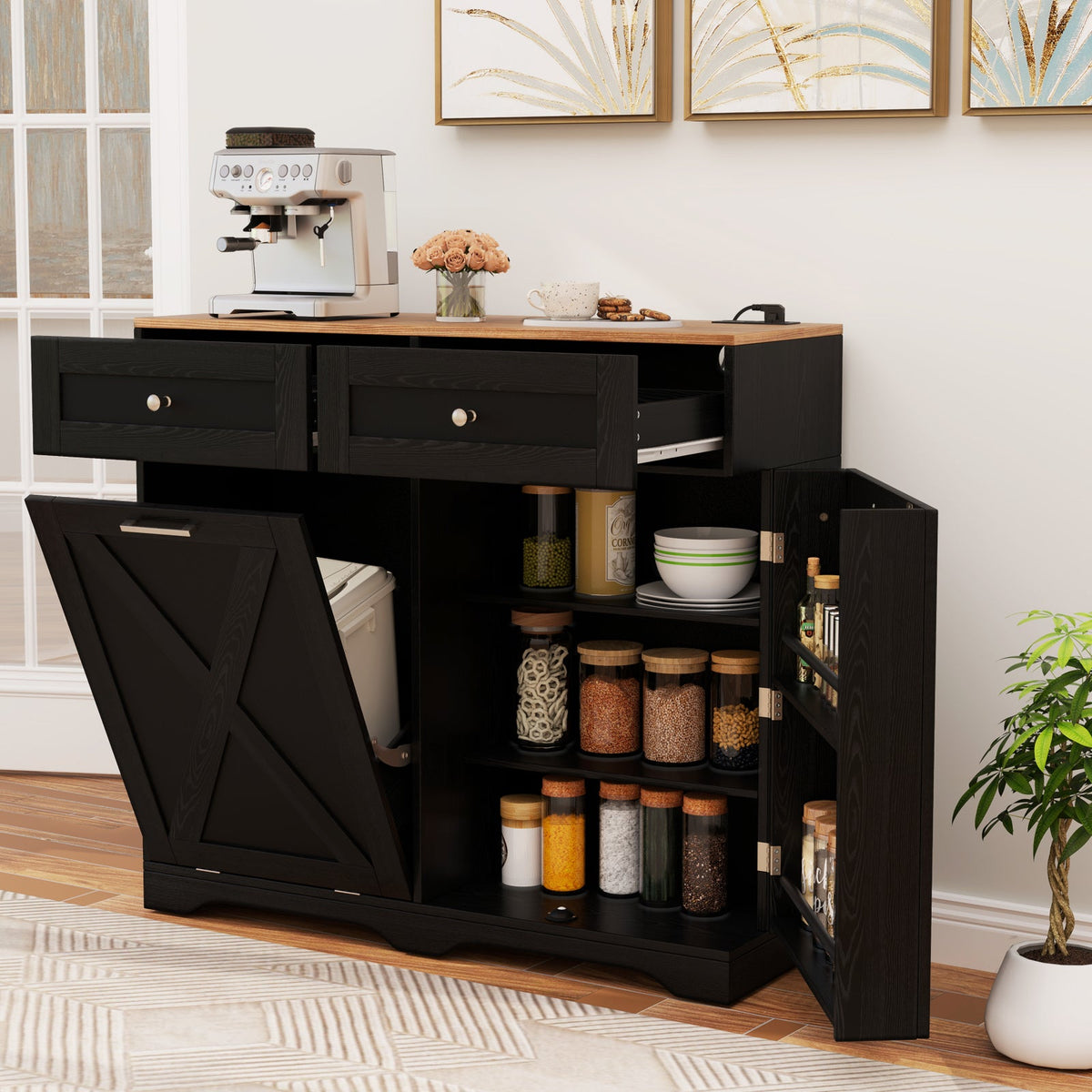 Large Buffet Cabinet Hidden Tilt Out Trash Can Cabinet with 2 Glass Doors