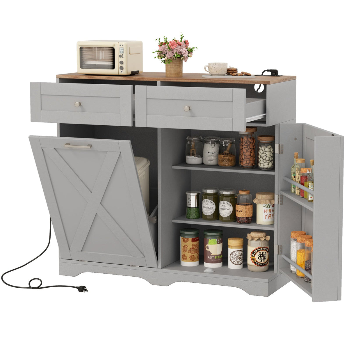 Tilt Out Trash Can Cabinet with Outlets and Adjustable Shelf