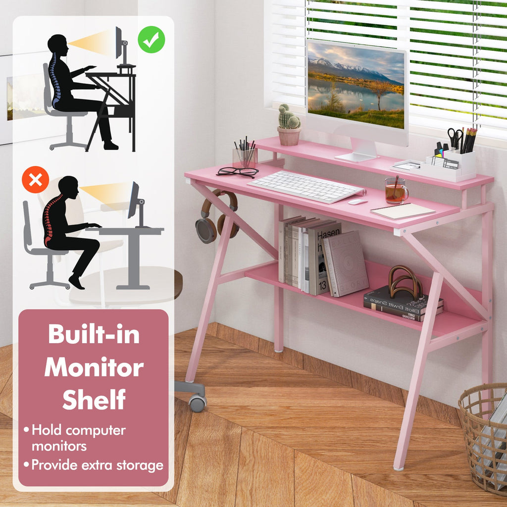 Space Saving Computer Desk with Monitor Stand and Extra Storage Shelf for Work Study